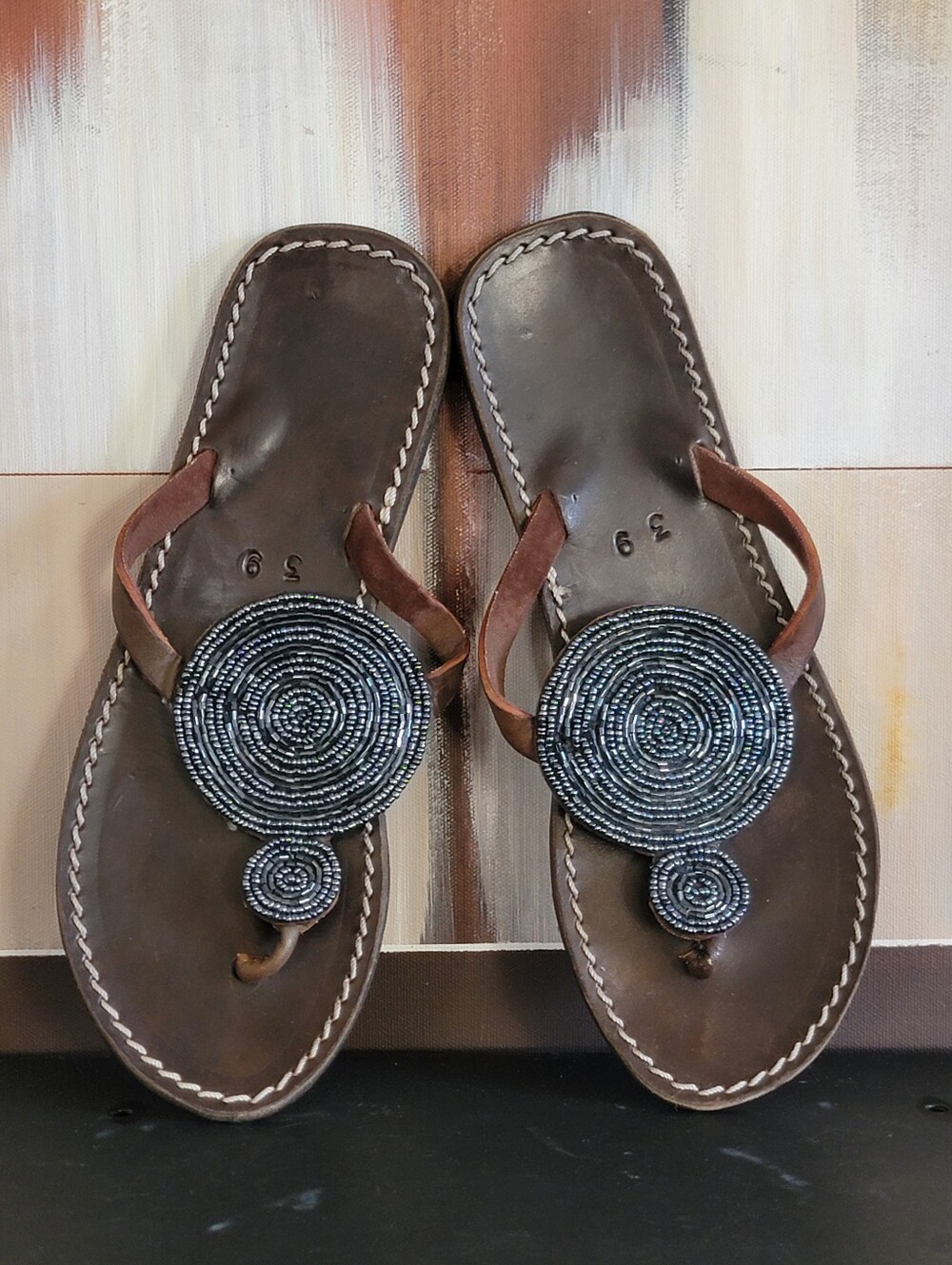 VTG African Handmade Thong Sandals Womens 39 Leather Made In Ghana